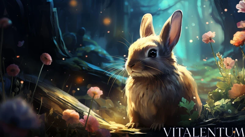 AI ART Brown and White Rabbit in Forest Digital Painting
