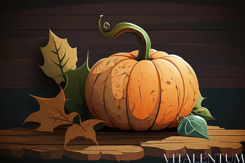 Charming Cartoon Pumpkin on Wooden Background | Detailed Foliage | 2D Game Art AI Image