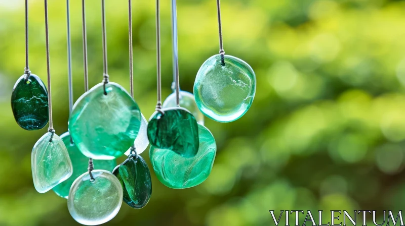 AI ART Close-up of a Green Glass Wind Chime in a Garden