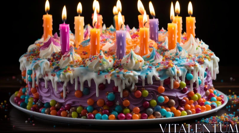 AI ART Colorful Birthday Cake with Lit Candles and Sprinkles