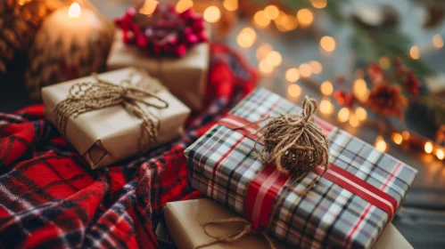 Cozy and Festive Wrapped Gifts on Red-Checkered Blanket