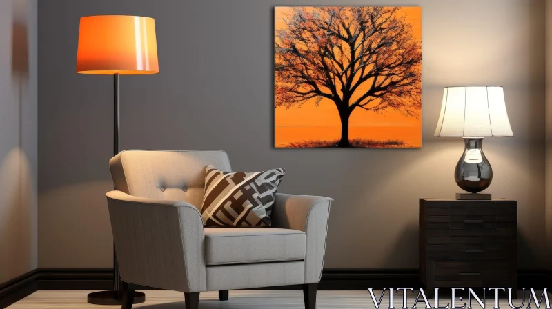 Cozy Living Room with Tree Painting AI Image