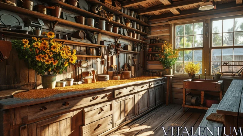 Cozy Rustic Kitchen with Wooden Walls and Beamed Ceiling AI Image