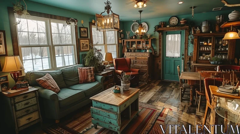 AI ART Cozy Rustic Living Room Decor: Green Walls and Colorful Carpet