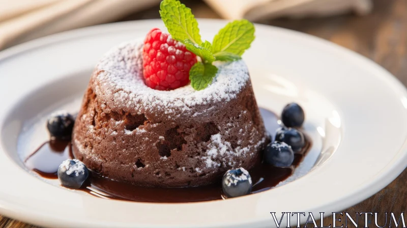 Delicious Chocolate Lava Cake with Raspberry and Mint AI Image