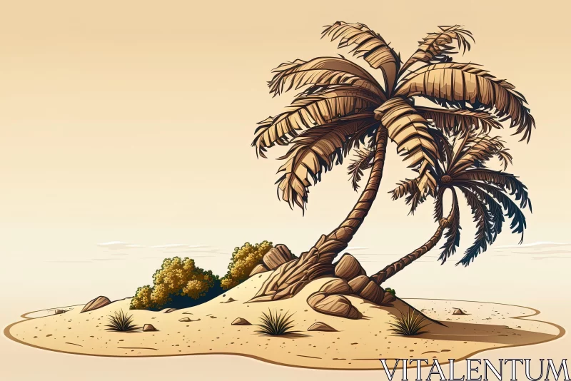 Detailed Illustration of Palm Tree and Rocky Island in Desertpunk Style AI Image