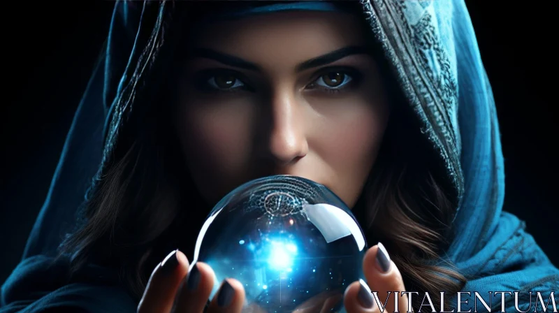 AI ART Enigmatic Young Woman with Crystal Ball