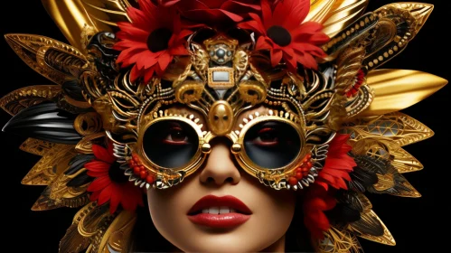 Golden Mask Portrait of a Woman with Red Flowers