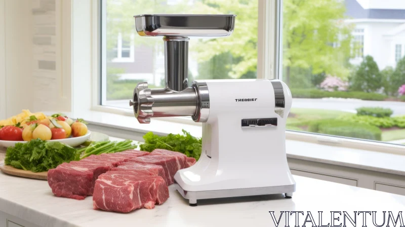 Kitchen Meat Grinder with Raw Meat and Vegetables AI Image