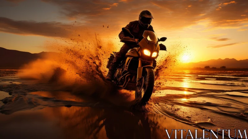 Motorcyclist Riding Through Wet Field at Sunset AI Image