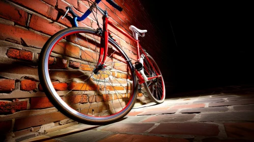 Red Bicycle Against Brick Wall - Intriguing Transport Image