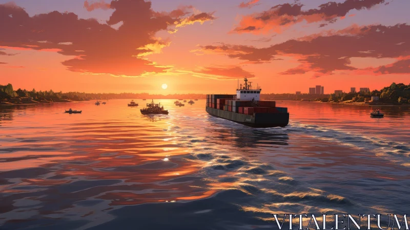 Sailing Ship at Sunset on River AI Image