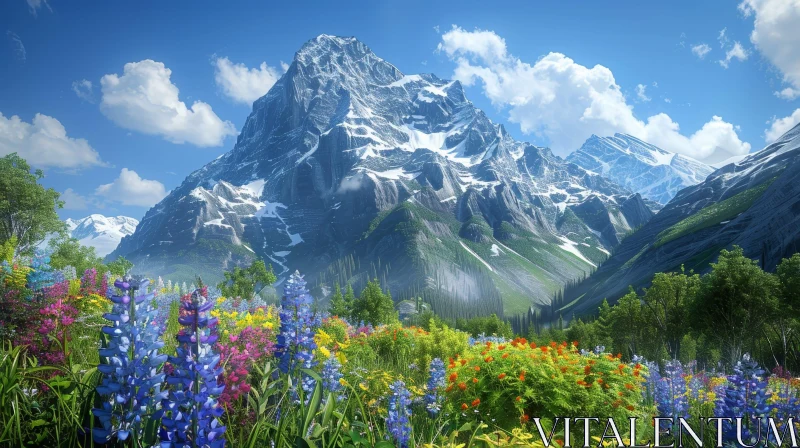 Serene Mountain Landscape with Snow-Capped Peak AI Image