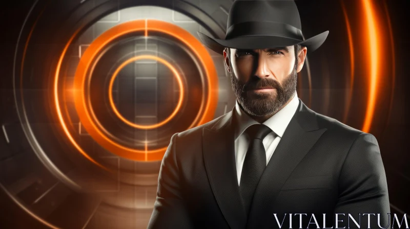 Serious Man in Black Suit and Hat AI Image