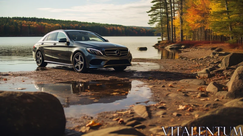 Tranquil Lake Scene with Silver Mercedes-Benz C-Class AI Image