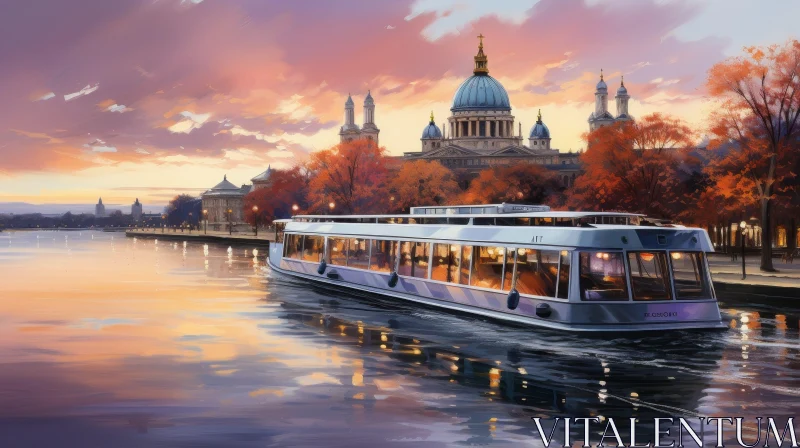 Tranquil Riverboat Scene in European City AI Image