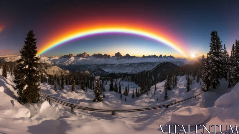 Winter Landscape with Rainbow and Snow-Capped Mountains AI Image