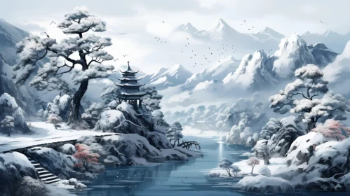 Winter Pagoda Landscape with Snow-Covered River