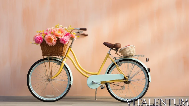 Yellow Bicycle with Basket of Flowers Against Peach Wall AI Image