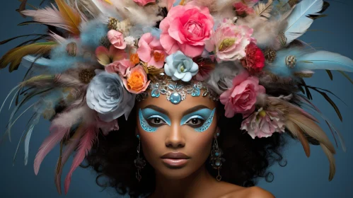 African Woman with Elaborate Headdress and Blue Makeup