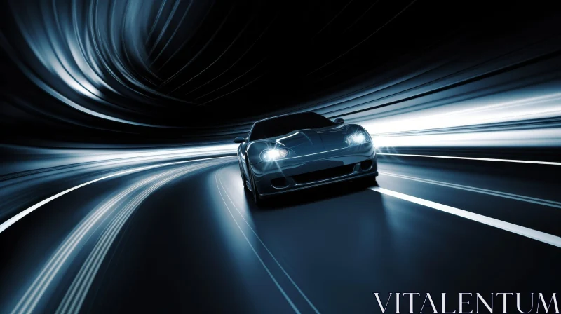 Blue Sports Car in Dark Tunnel AI Image