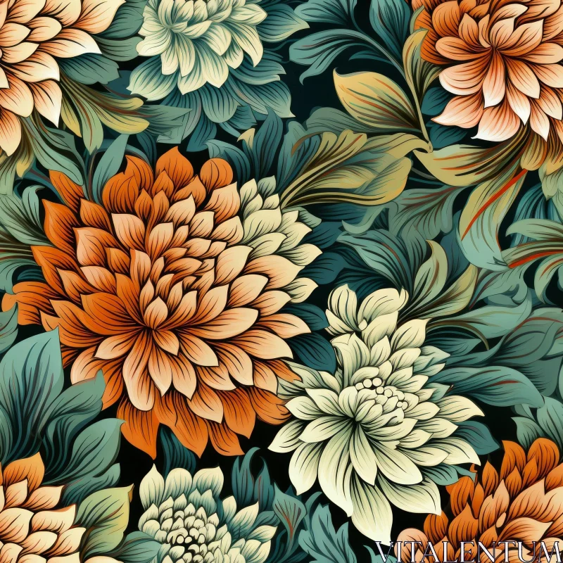 Chrysanthemum Floral Pattern on Dark Green Background AI Image