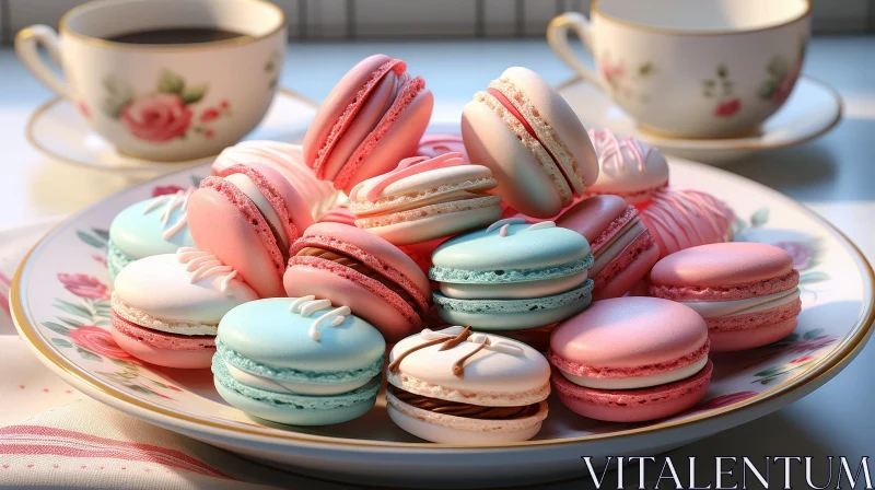 Colorful Macarons on Plate with Teacups AI Image