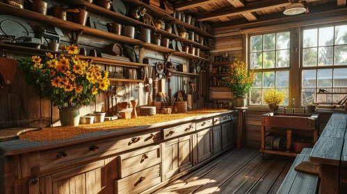 Cozy Rustic Kitchen with Wooden Walls and Beamed Ceiling