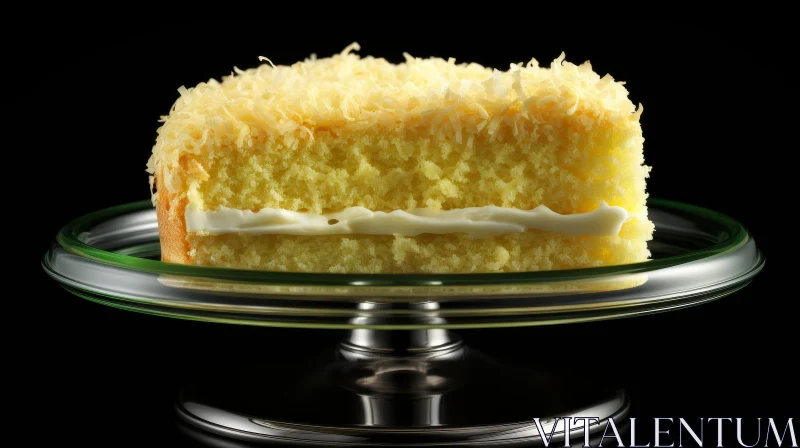 Delicious Yellow Cake with Coconut and Icing on Glass Stand AI Image