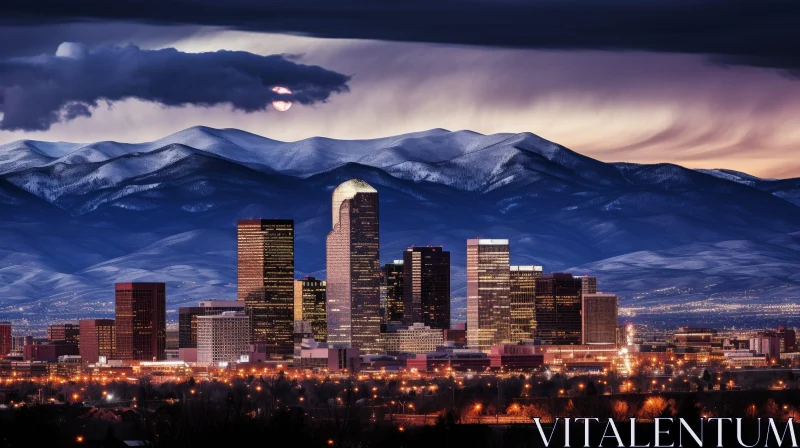 Enchanting Denver Cityscape with Rocky Mountains and Full Moon AI Image