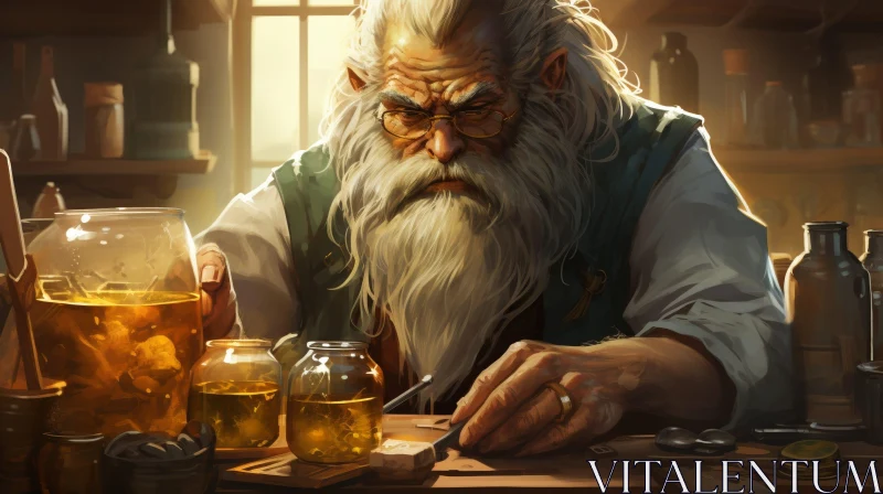 Enigmatic Wizard Crafting Potions at Wooden Table AI Image