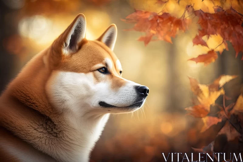 Hyper-Realistic Portraiture of a Shiba Inu Dog in a Forest with Fall Leaves AI Image