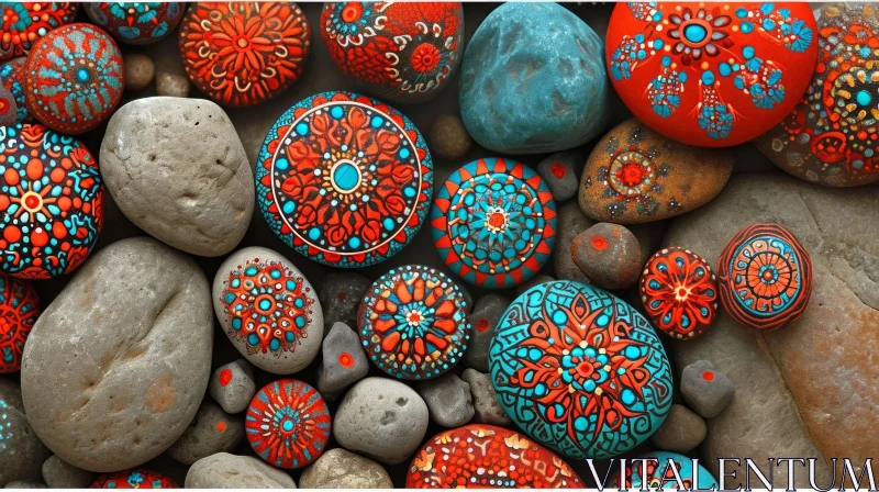 AI ART Intricate Geometric and Floral Motifs on Painted Rocks - Close-Up