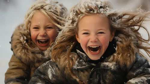 Joyful Girls Sledding Down Snowy Hill