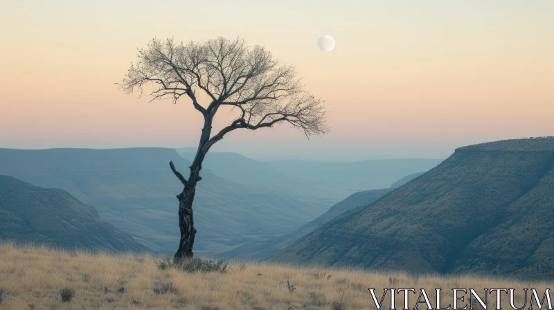 Lonely Tree Landscape at Dusk with Full Moon AI Image