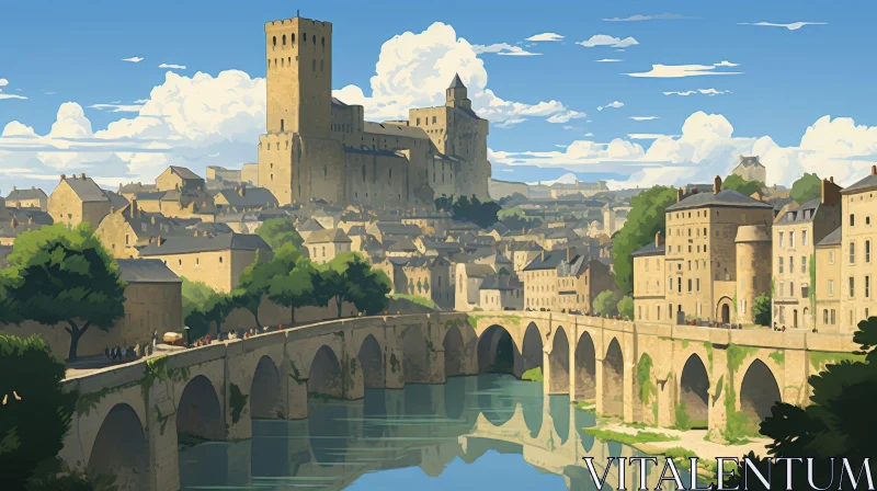 Medieval Town and Castle on Hill by River AI Image