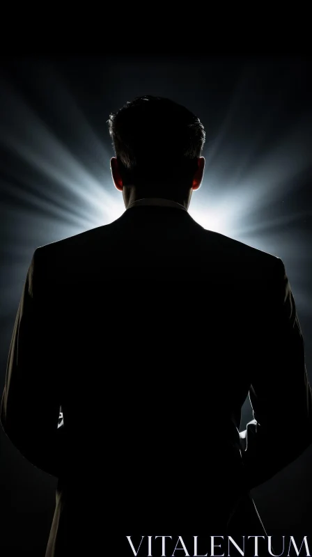 Mysterious Man in Suit Standing in Dark Room AI Image