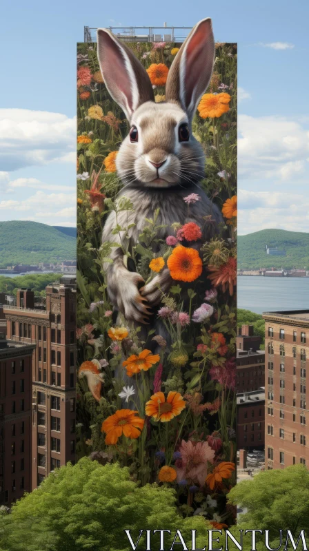 Nature Meets Urban: Bunny on a Flower-Adorned Skyscraper Mural AI Image