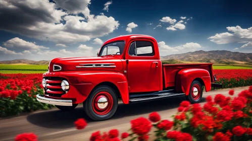 Red Retro Pickup Truck in Field of Flowers