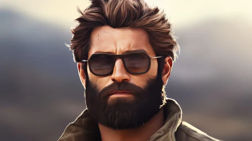 Serious Man with Beard and Sunglasses in Desert Background