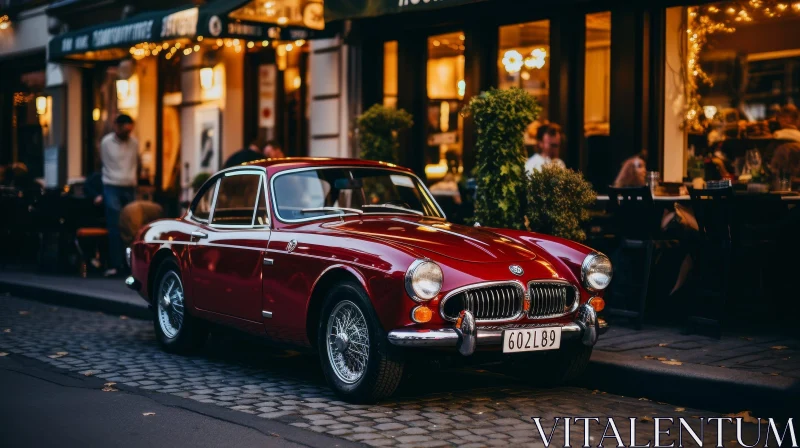 Vintage Car on Cobblestone Street | Red Car Parked in Front of Restaurant AI Image