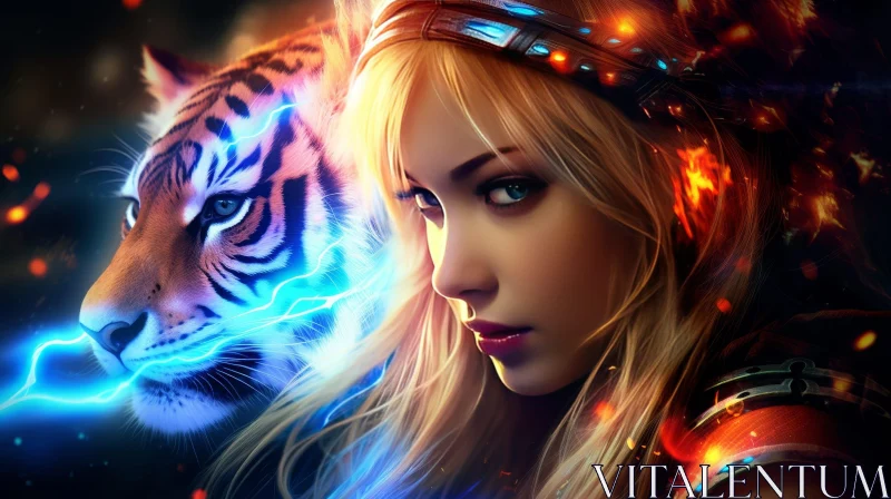 AI ART Woman with Tiger in Moonlight