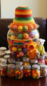 Artistic Display of Rainbow Candy Jars and Teddy Bear