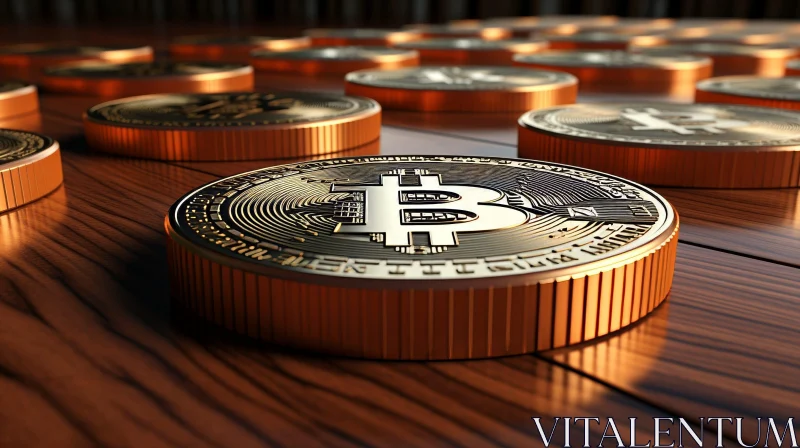 Bitcoin Coin Close-up on Wooden Table AI Image