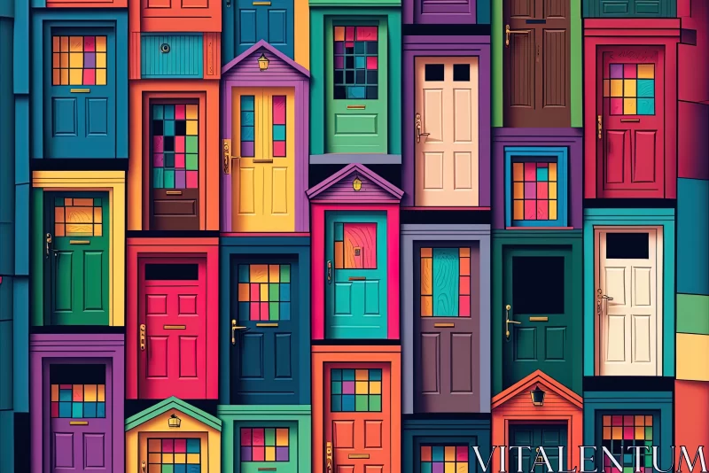 Captivating Wall of Colorful Doors | Hyper-Detailed Illustration AI Image
