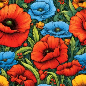 Cheerful Red, Blue, Yellow Poppies Seamless Pattern