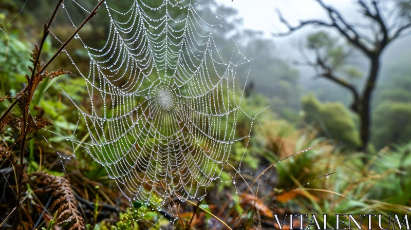 Close-up of a Morning Dew-covered Spider Web | Nature Photography AI Image