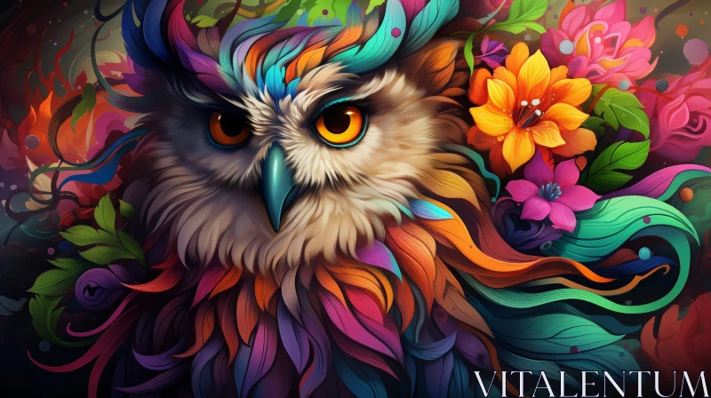 Colorful Owl Digital Painting with Floral Background AI Image