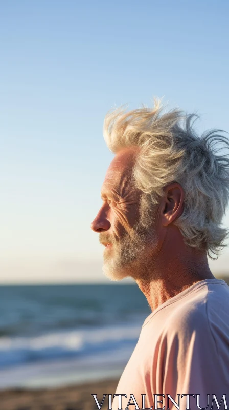 Contemplative Senior Man by the Ocean AI Image