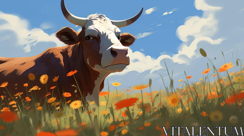 Cow in Field of Flowers Digital Painting AI Image